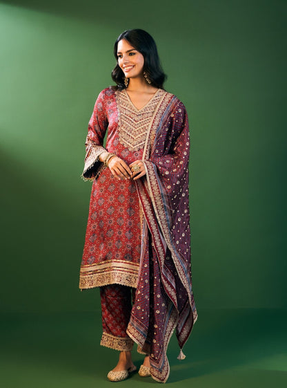 Sunheri Cupro Satin Red Ajrakh Print Kurta Set