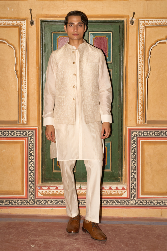 Ivory textured kurta set with a beige Chanderi jacket