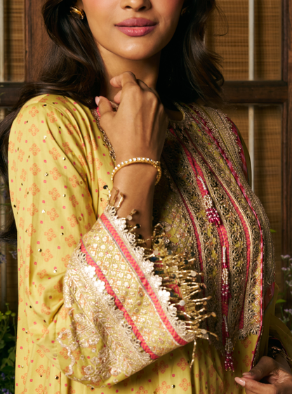 Maitri Pima Satin Lime Printed Kurta Set
