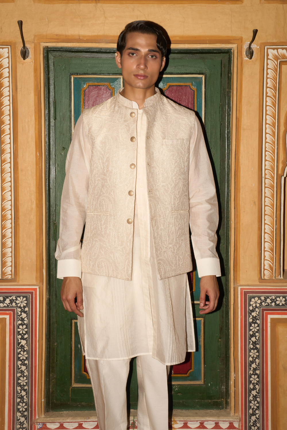 Ivory textured kurta set with a beige Chanderi jacket