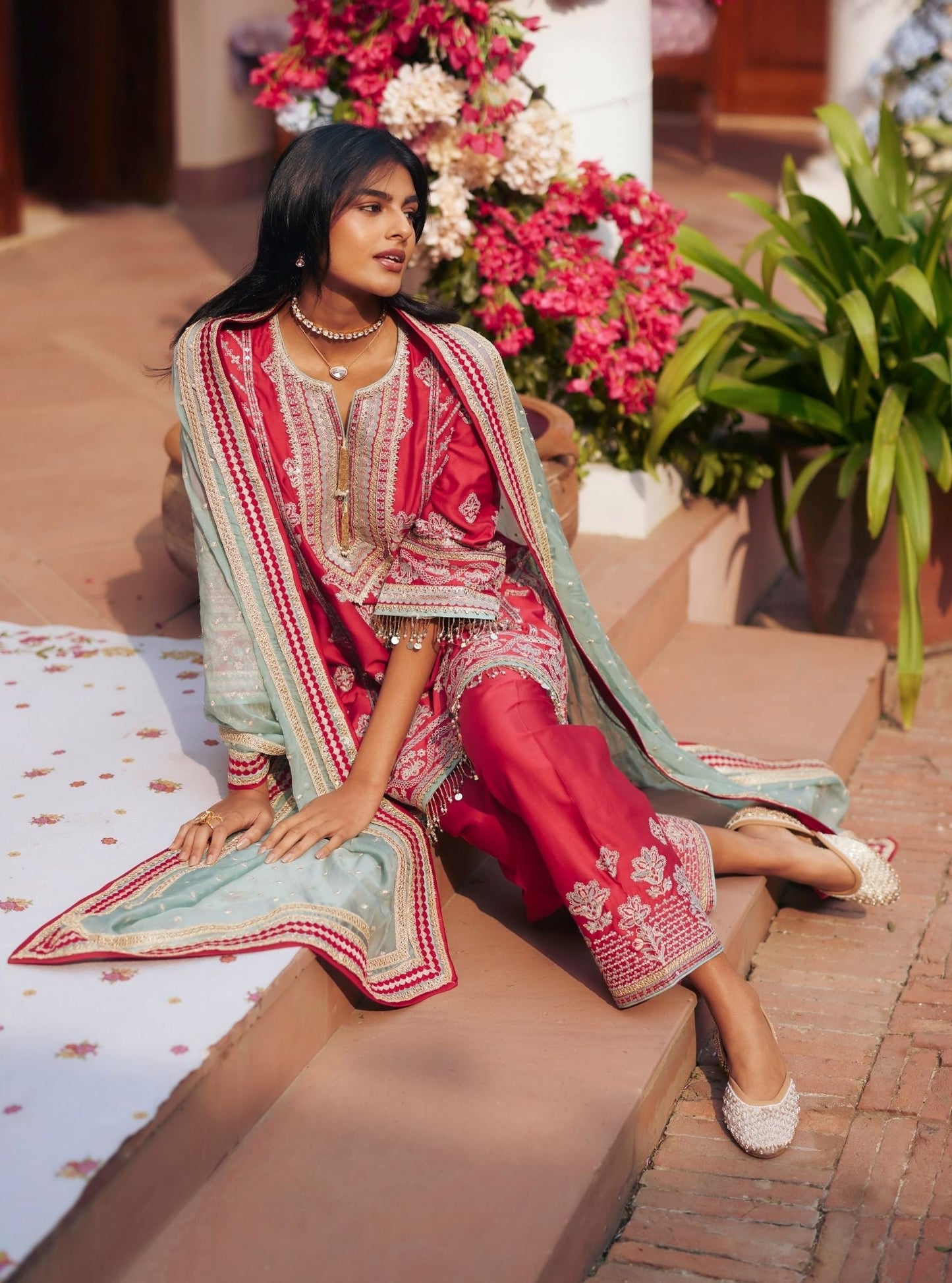 Khumari Pima Satin Red Kurta Set