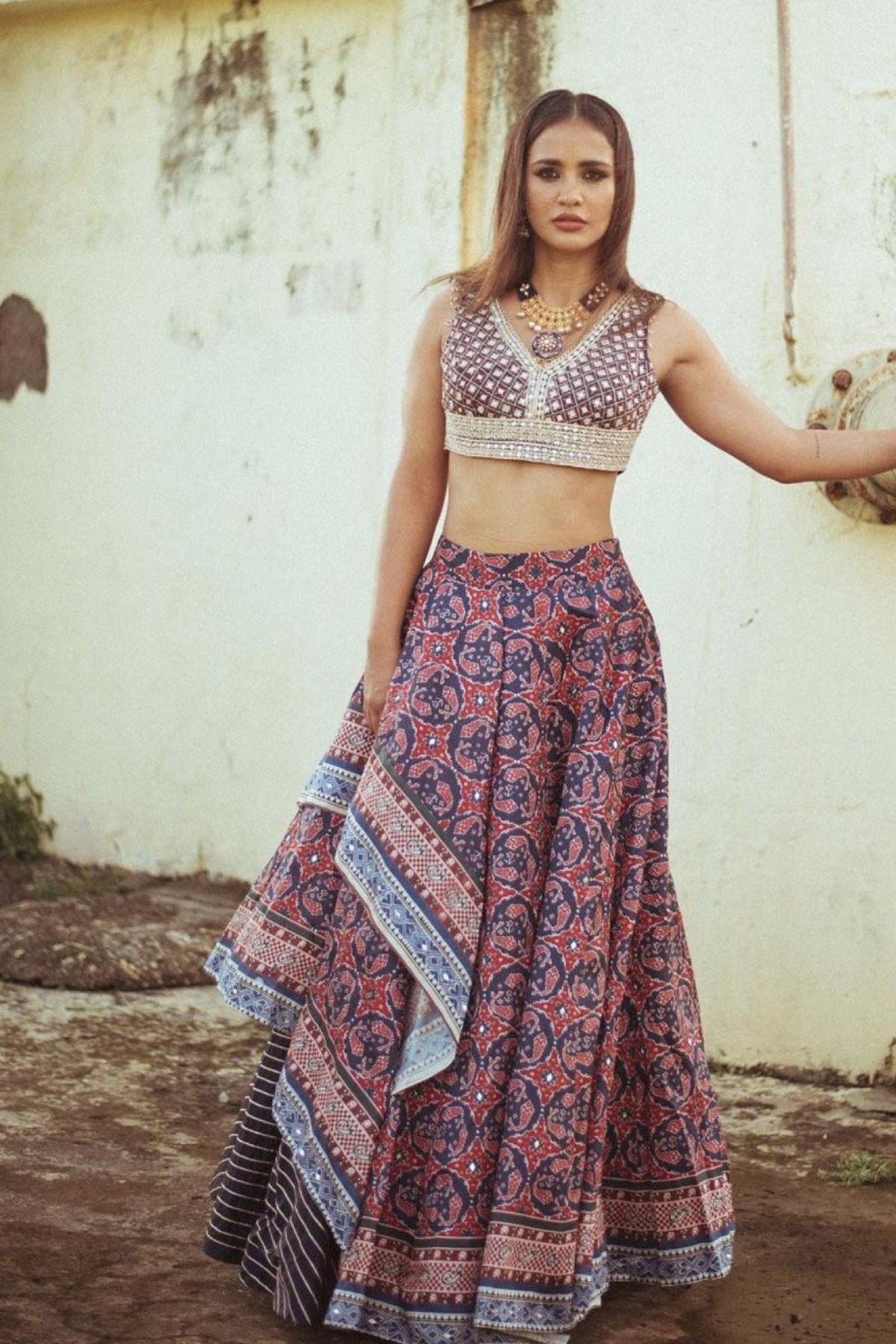Midnight Blue Draped Asymmetrical Lehenga