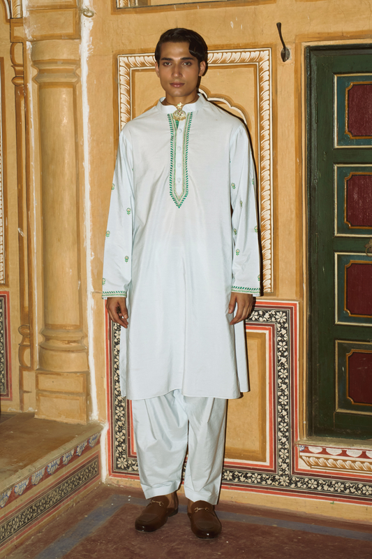 Powder blue cotton-silk kurta with salwar