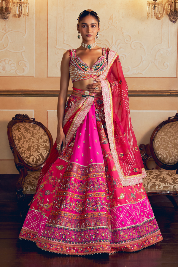 Hot pink jacquard silk banarasi lehenga set