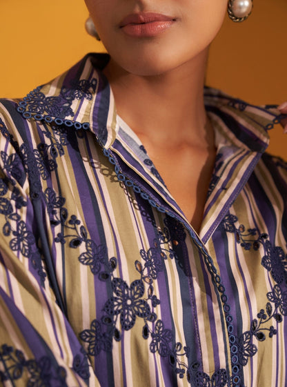 Joy Pima Satin Stripe Navy Kurta Set