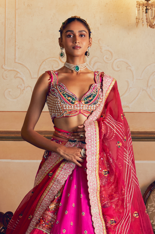 Hot pink jacquard silk banarasi lehenga set