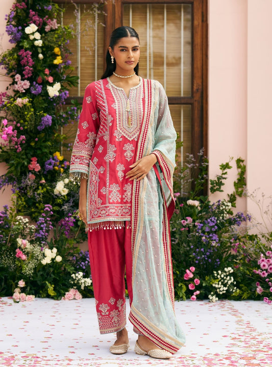Khumari Pima Satin Red Kurta Set