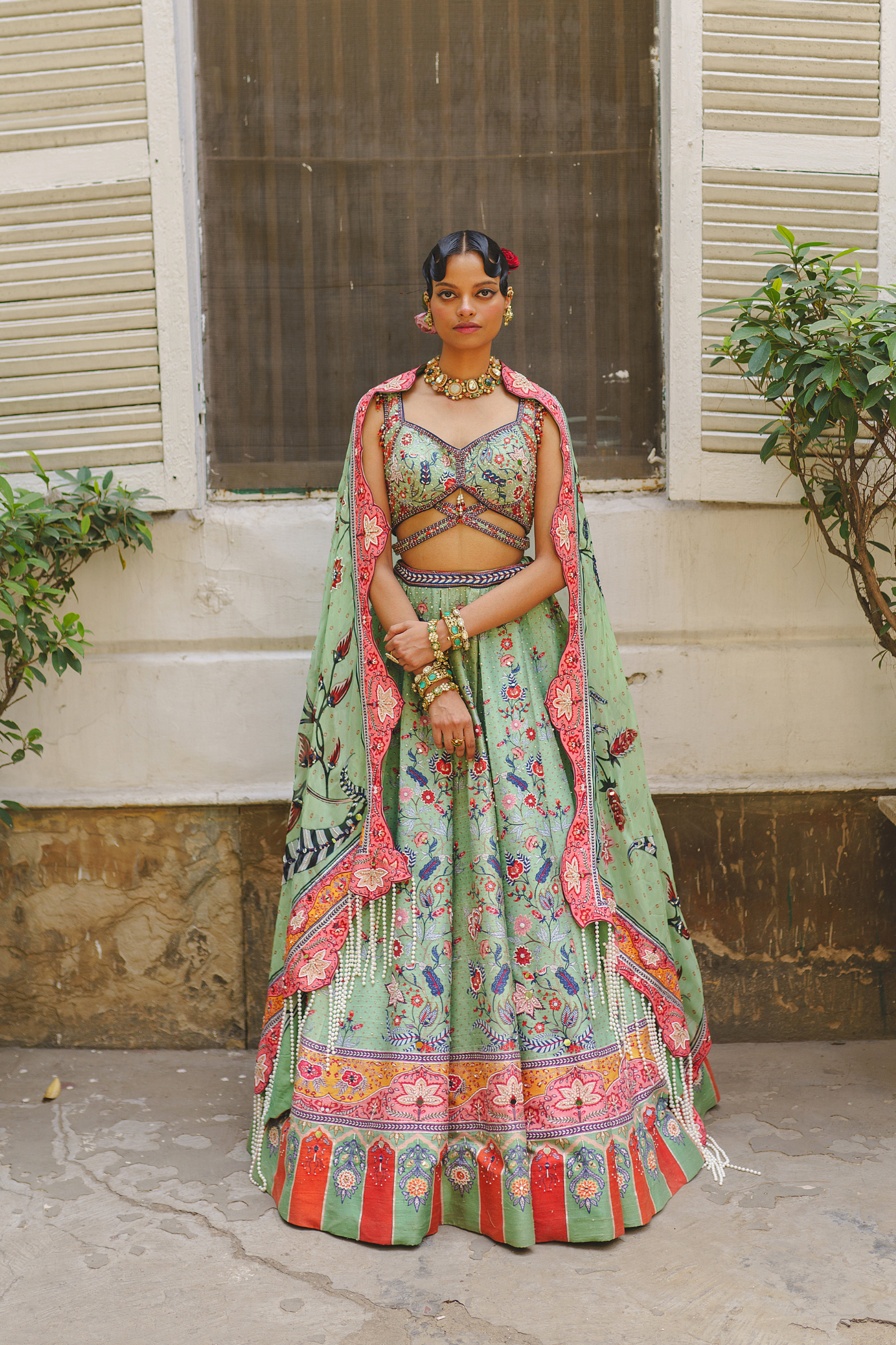 Floral pista green lehenga set