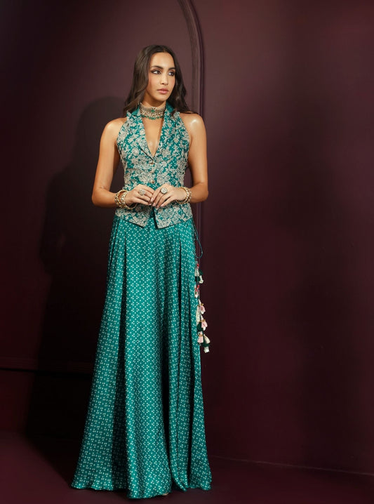Kuhu Cupro Satin Printed Emerald Green Waistcoat withÂ Skirt