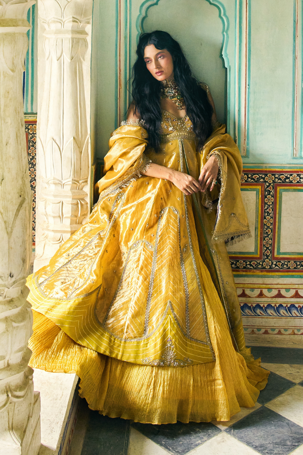 Mustard yellow zari tissue jacket with crushed skirt set