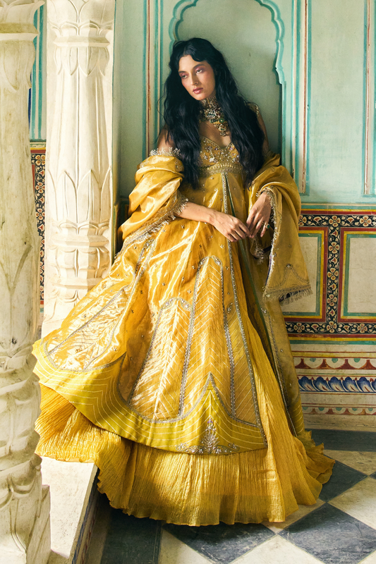 Mustard yellow zari tissue jacket with crushed skirt set