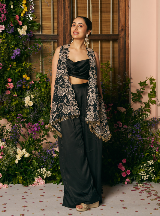Charulata Glass Organza Black Jacket Set