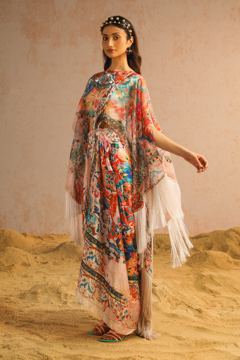 Ivory draped saree with blouse and cape