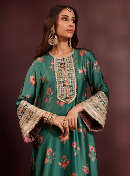 Ovia Cupro Satin Printed Emerald Green Kurta & Pant Set