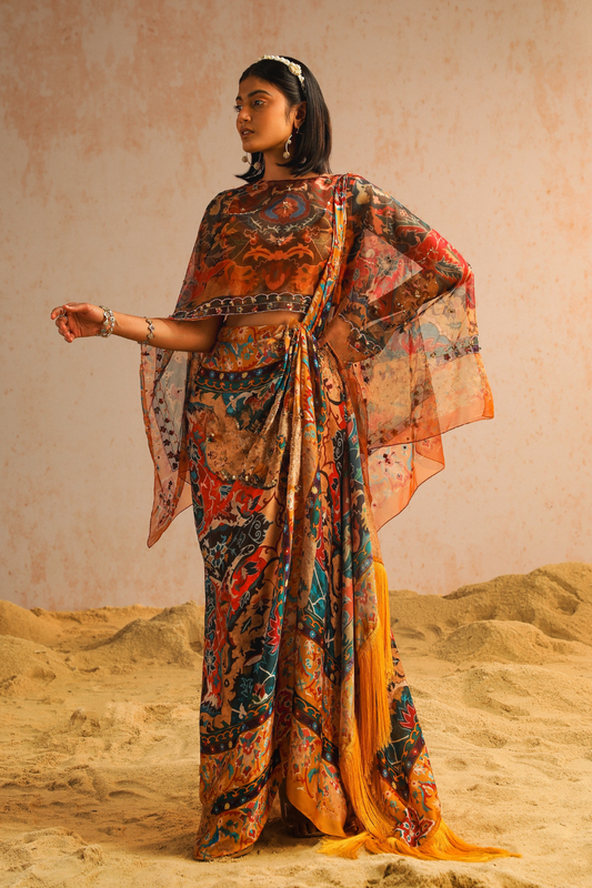 Mustard yellow draped saree with blouse and cape