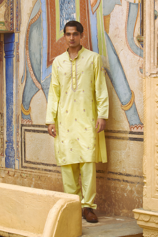 Pastel yellow kurta with straight fit pants