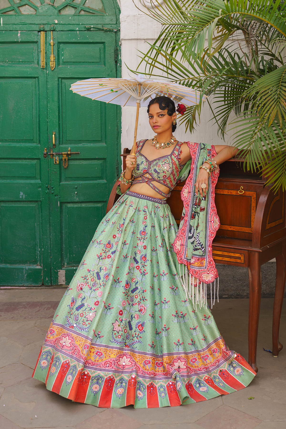 Floral pista green lehenga set