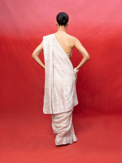 Handwoven Off-White Chiffon Embossed Saree