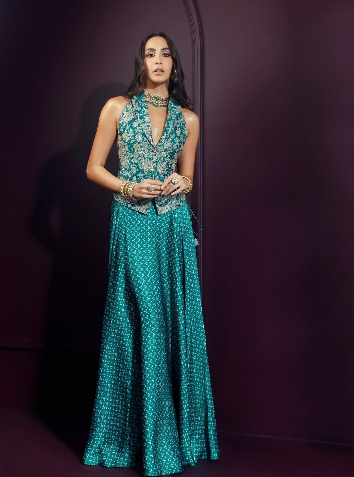 Kuhu Cupro Satin Printed Emerald Green Waistcoat withÂ Skirt