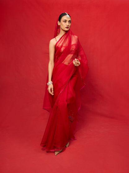 Handwoven Red Kora Banarasi Saree