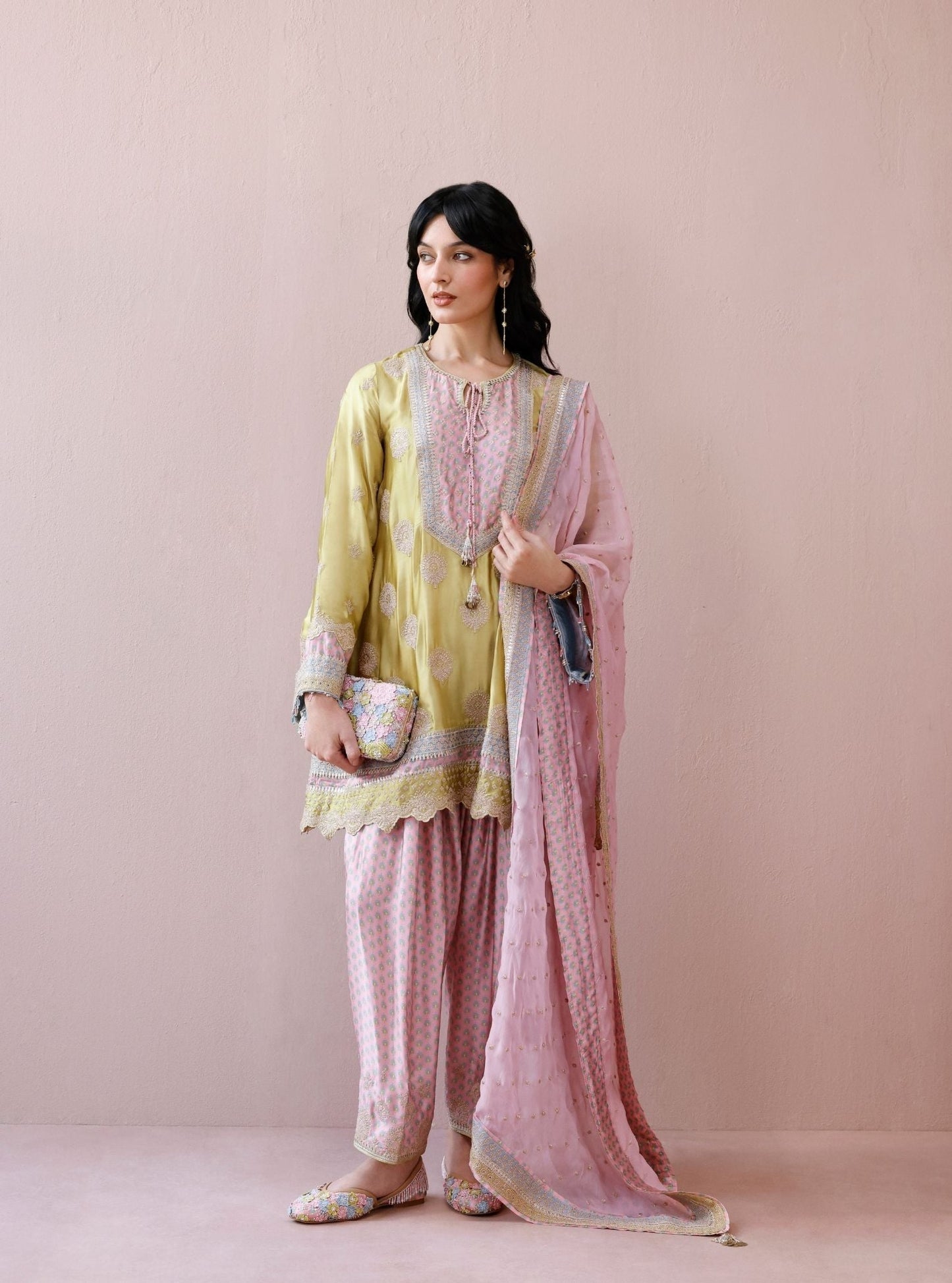 Veya Cupro Satin Lime & Pink Kurta Set