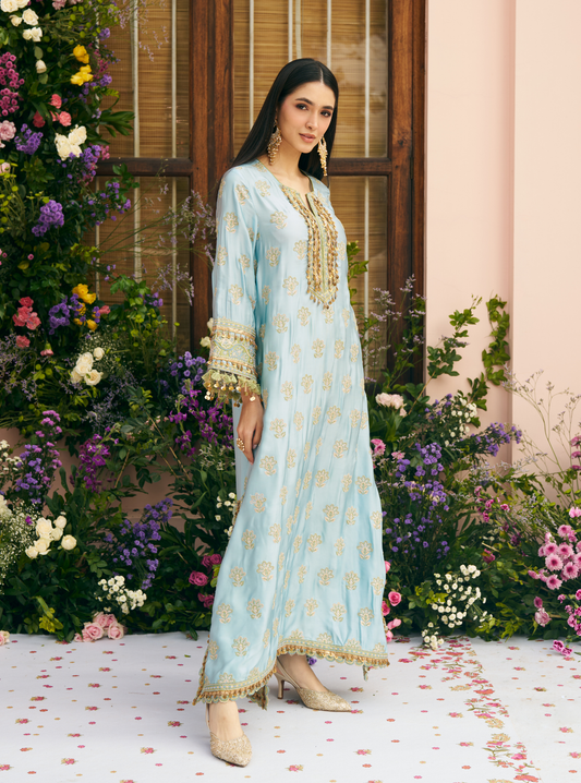 Chitra Cupro Satin Blue Kaftan Set