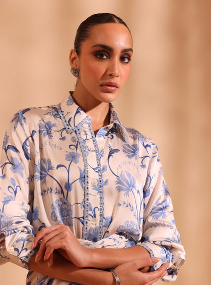 Hasi Cupro Satin Printed Off White Skirt set
