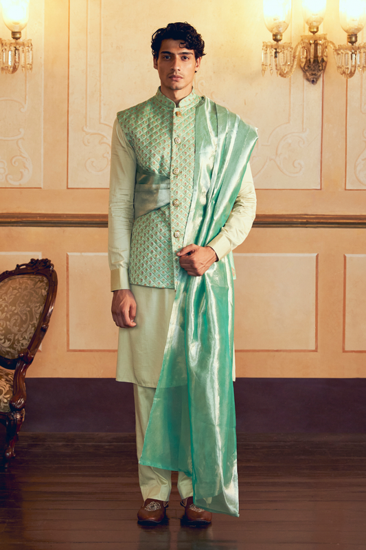 Mint Green Jacquard Banarasi men's jacket
