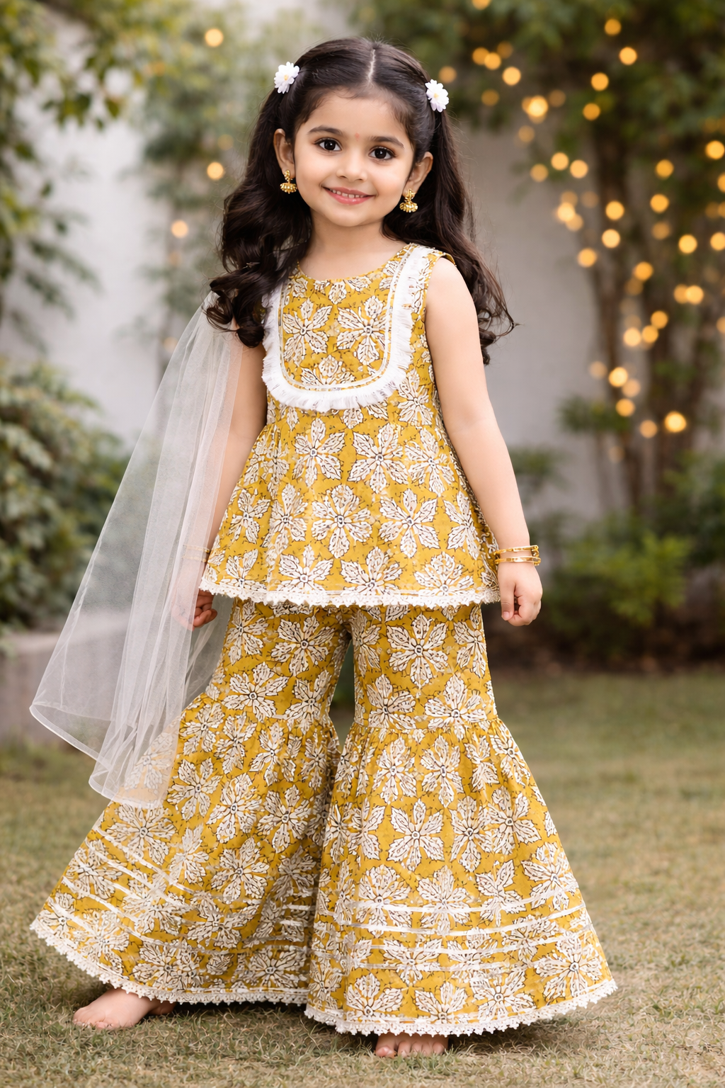 Mustard Yellow Hand Block Printed Cotton Sharara Suit