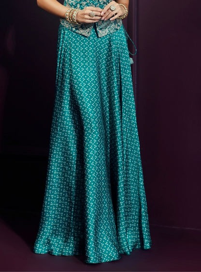Kuhu Cupro Satin Printed Emerald Green Waistcoat withÂ Skirt