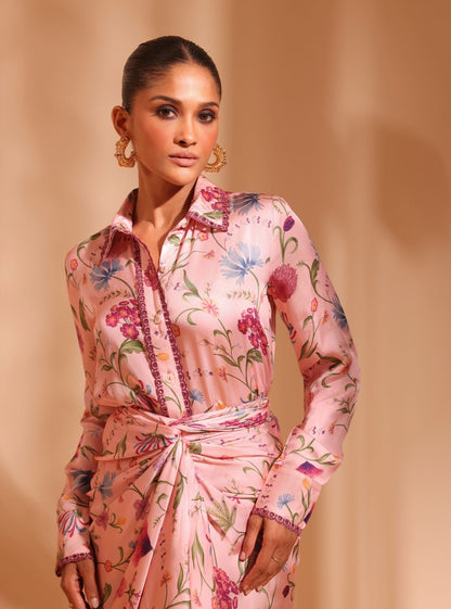 Hasi Cupro Satin Printed Pink Skirt set