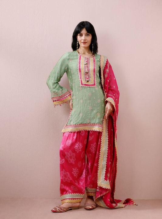 Kiva Cupro Satin Pista Green Kurta with Farshi Salwar