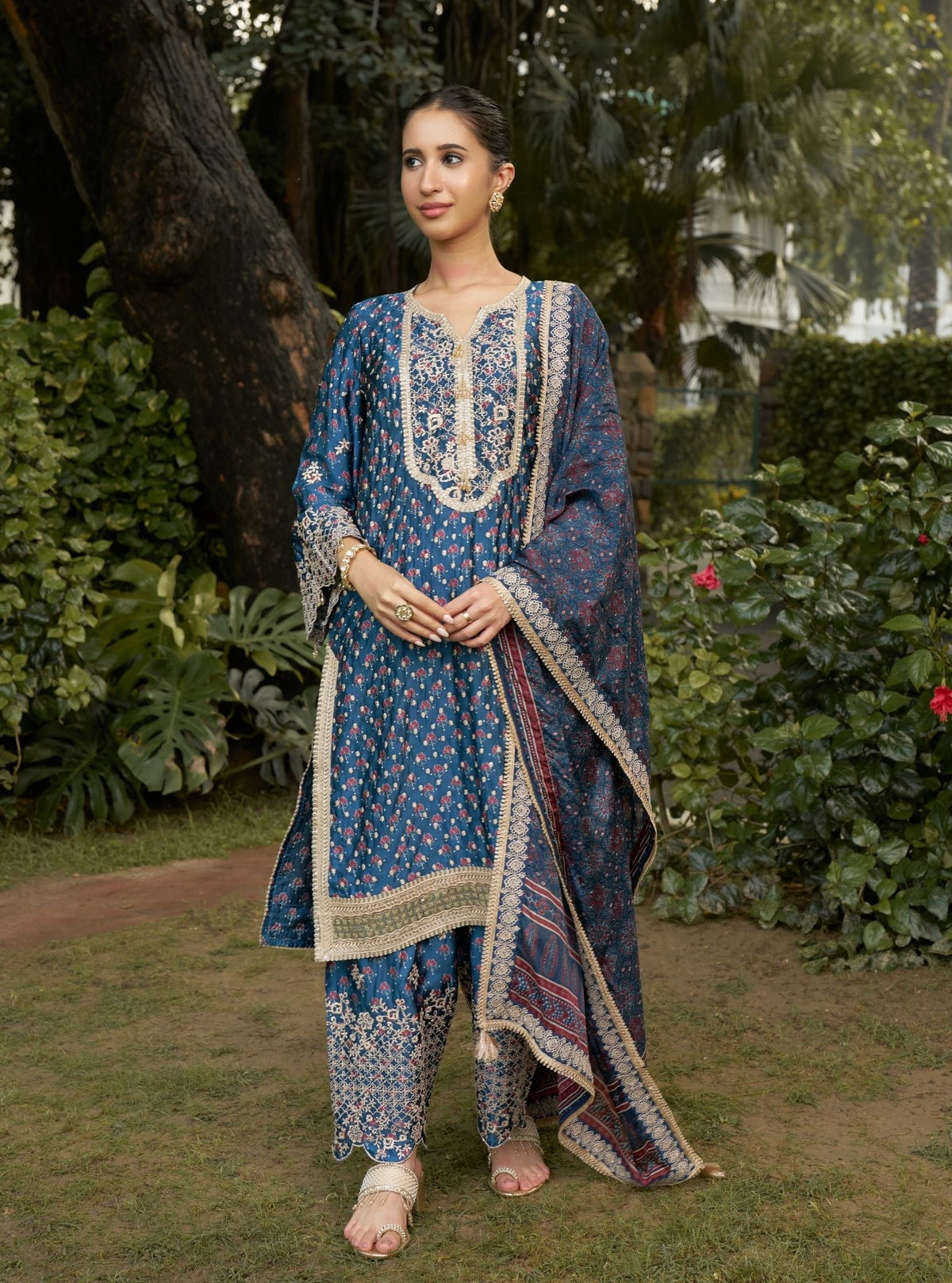 Kissa Cupro Satin Navy Ajrakh Print Kurta Set