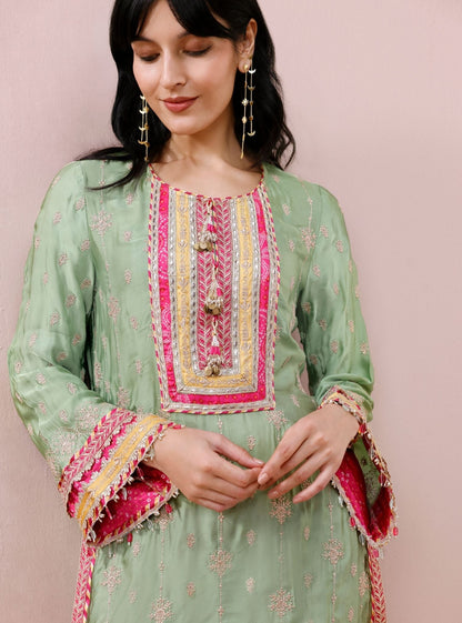 Kiva Cupro Satin Pista Green Kurta with Farshi Salwar