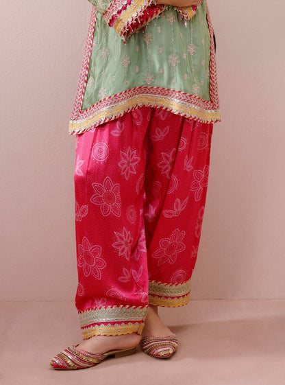 Kiva Cupro Satin Pista Green Kurta with Farshi Salwar