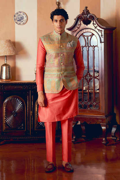 Multicolored Banarasi Jamawar men's jacket set