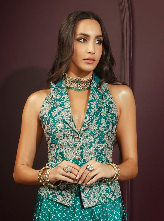 Kuhu Cupro Satin Printed Emerald Green Waistcoat withÂ Skirt