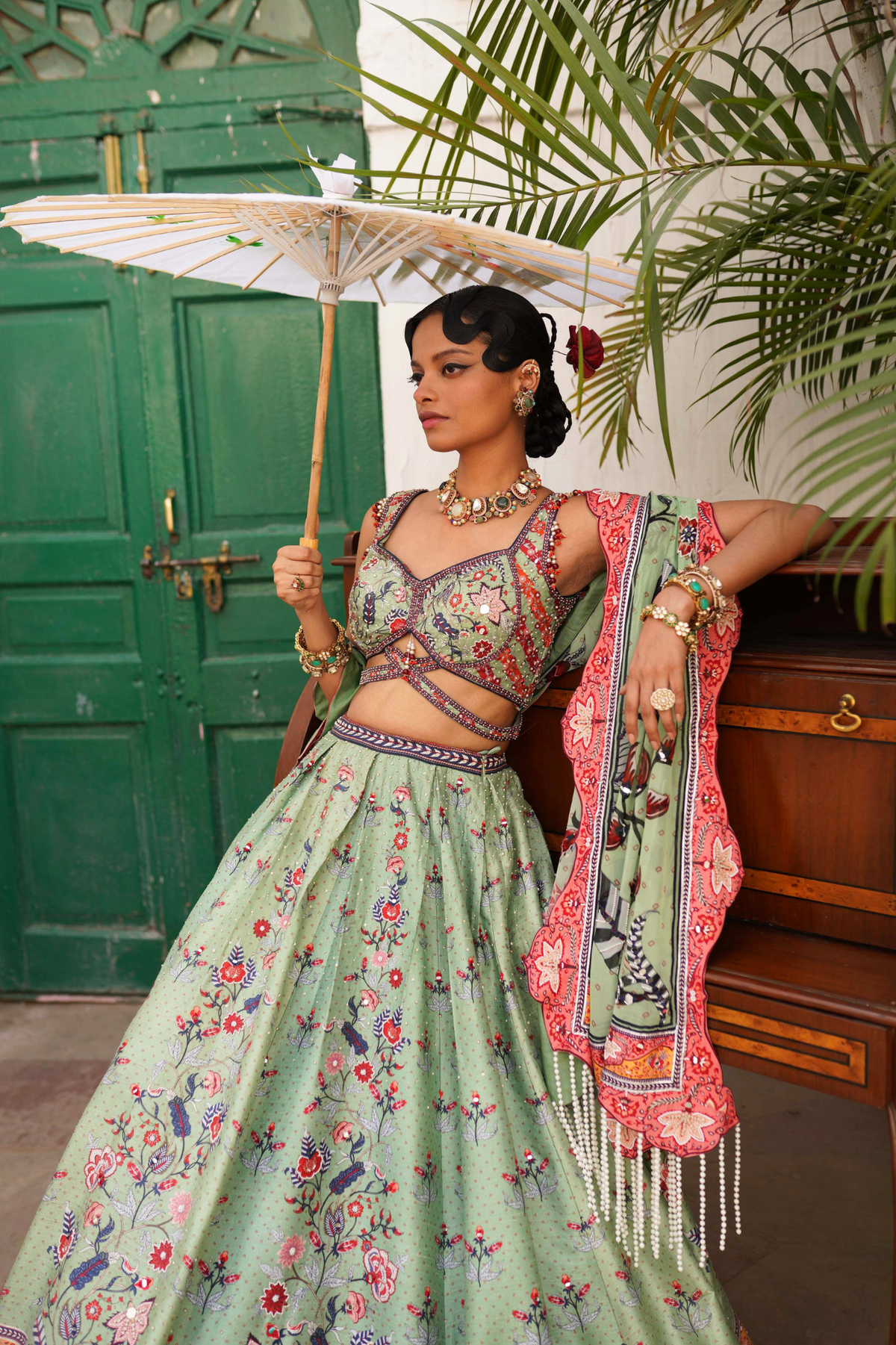 Floral pista green lehenga set