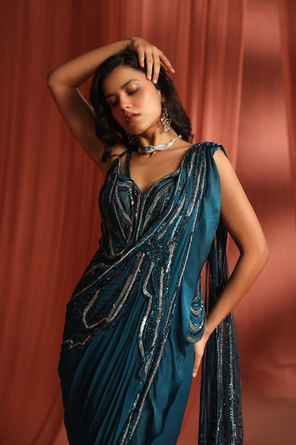 Teal Bloom Saree