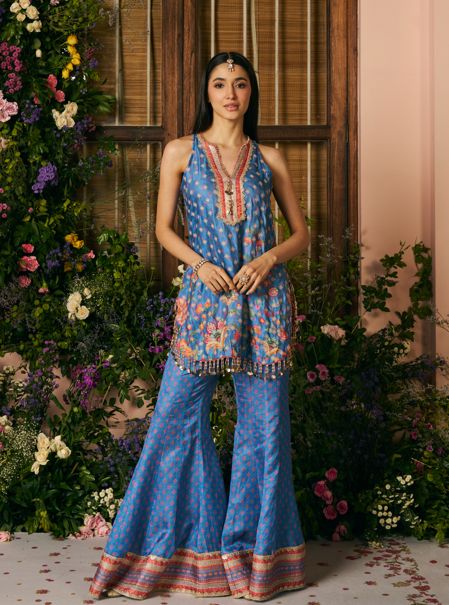 Chakori Linen Satin Steel Blue Printed Kurta Set
