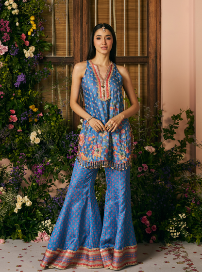 Chakori Linen Satin Steel Blue Printed Kurta Set