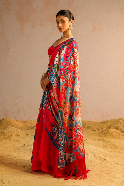 Hot pink draped saree with blouse