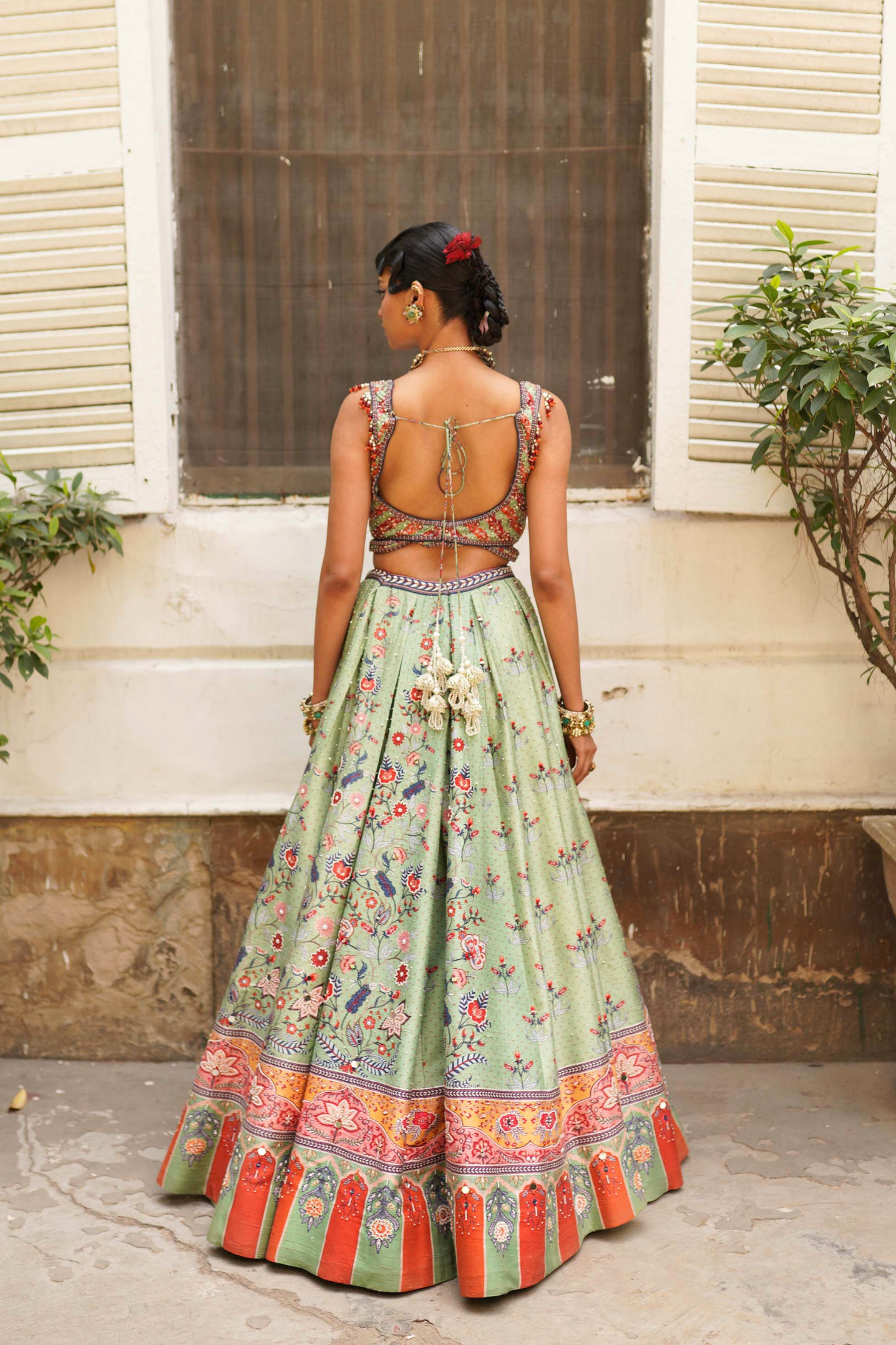Floral pista green lehenga set