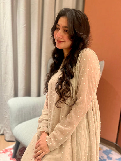 SAI PALLAVI IN Light Beige Pearl Scattered Dhoti Kurta Set With Stole