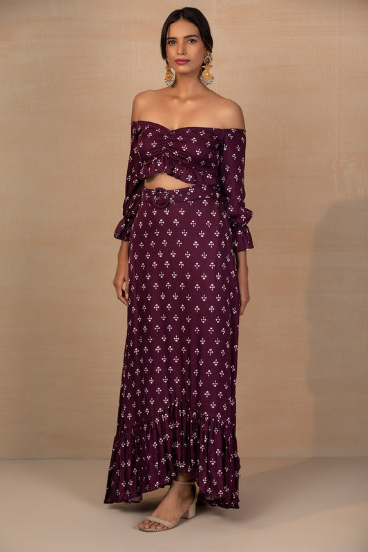 Purple Printed Crop Top And Skirt Set