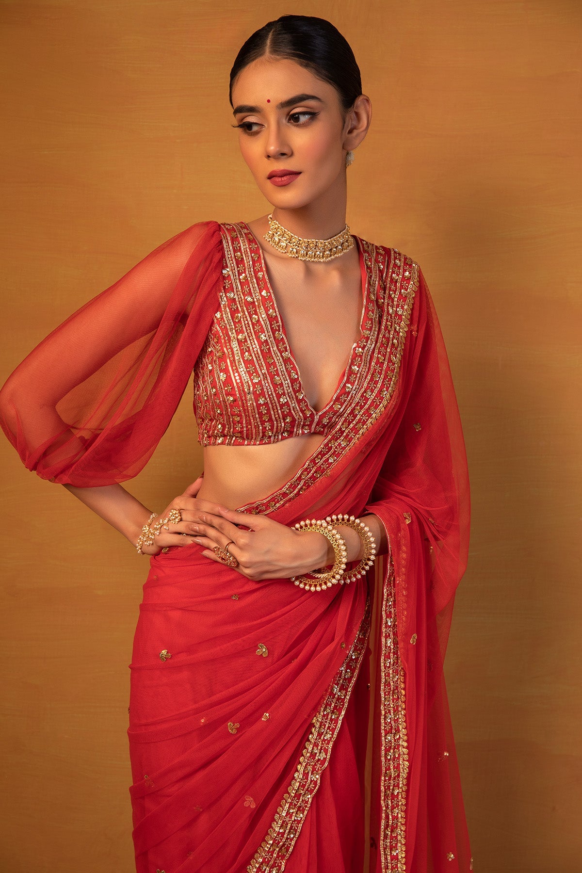Red Gota Embellished Saree Set