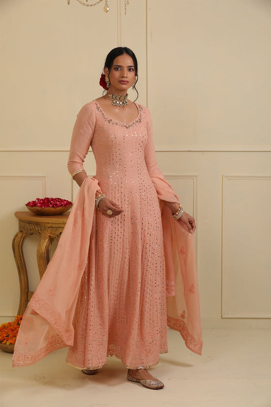 Peach chikankari anarkali set
