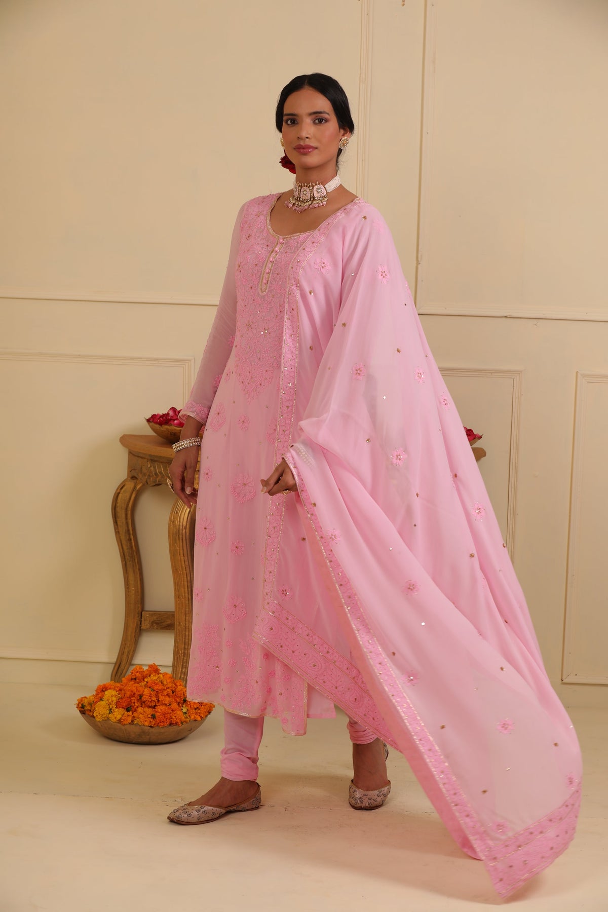 Pink chikankari kurta set