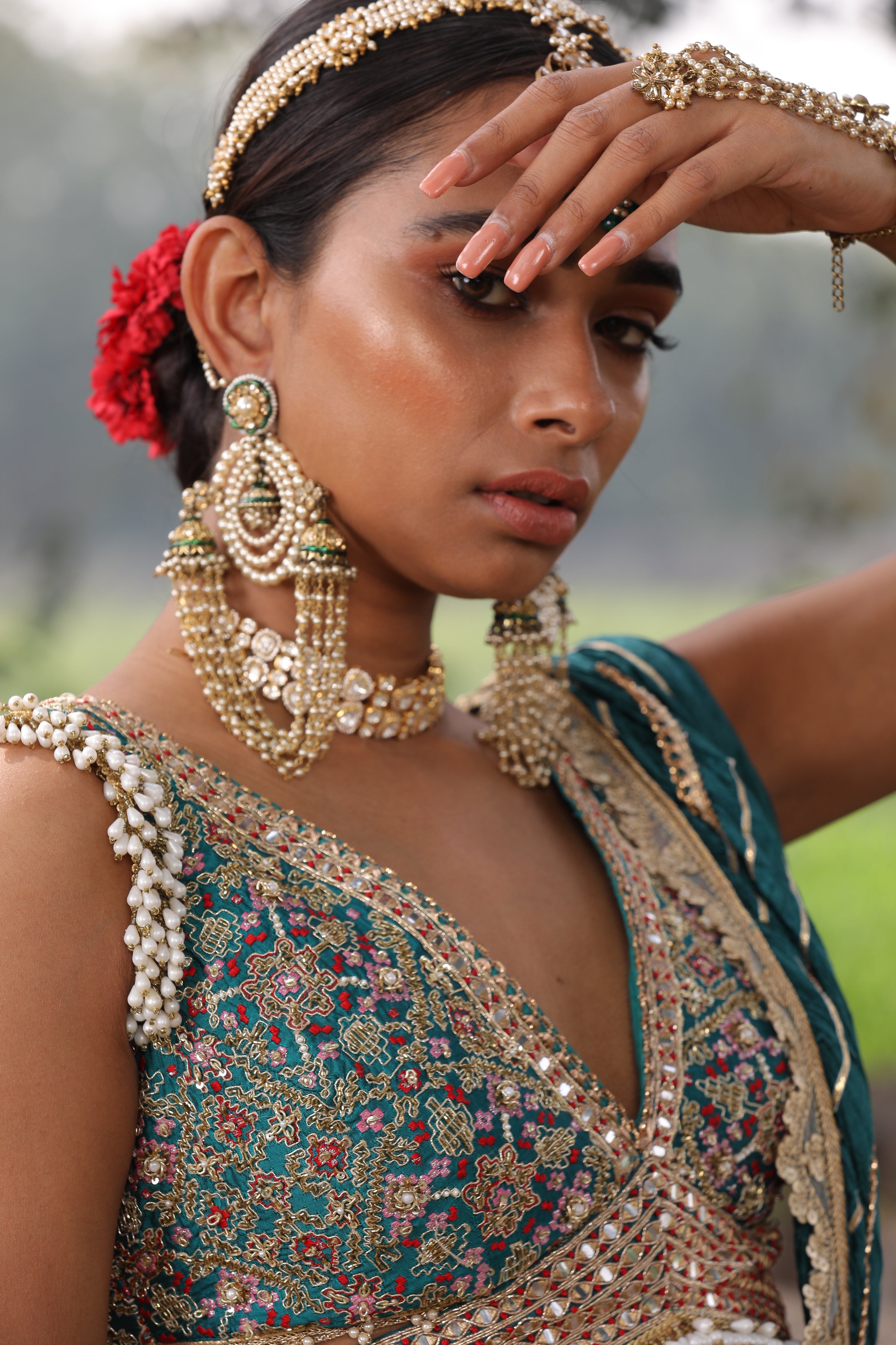 Women's Teal Banarasi Ikat Lehenga Set