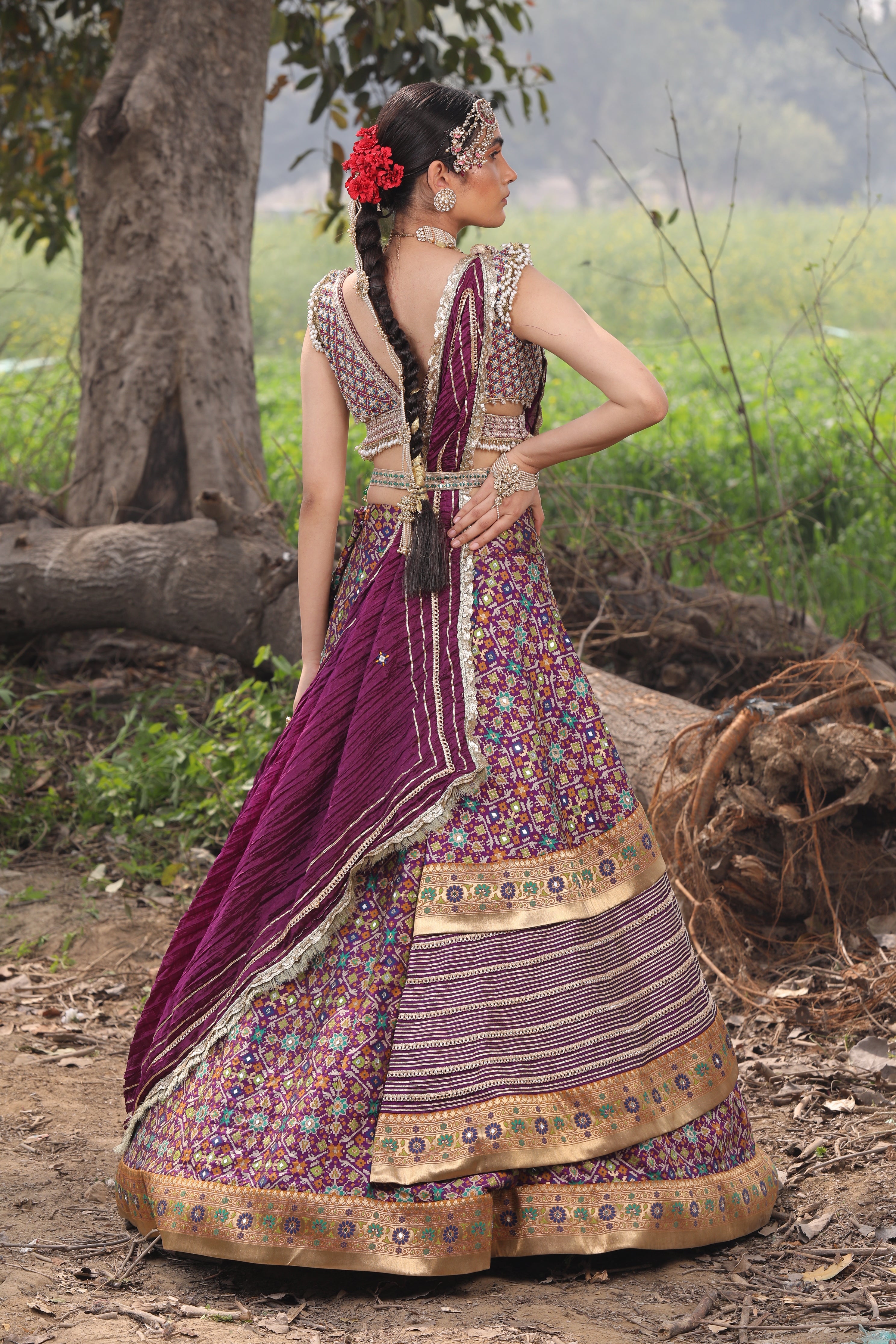 Women's Mulberry Purple Ikat Lehenga Set